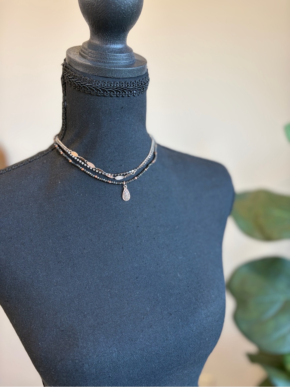 Anthropologie Black Layered Necklace with Silver Teardrop Charm